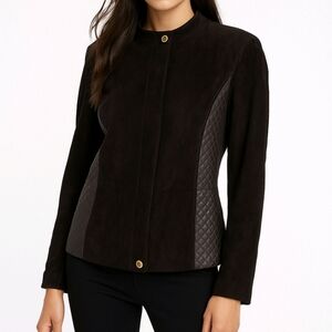 Isaac Mizrahi Jacket Black Suede & Quilted Leather Short Moto Zip Up Siz…
